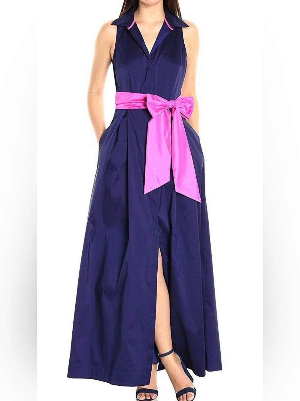 Eliza J Sleeveless Navy Maxi Dress with Hot Pink Sash Sz 8